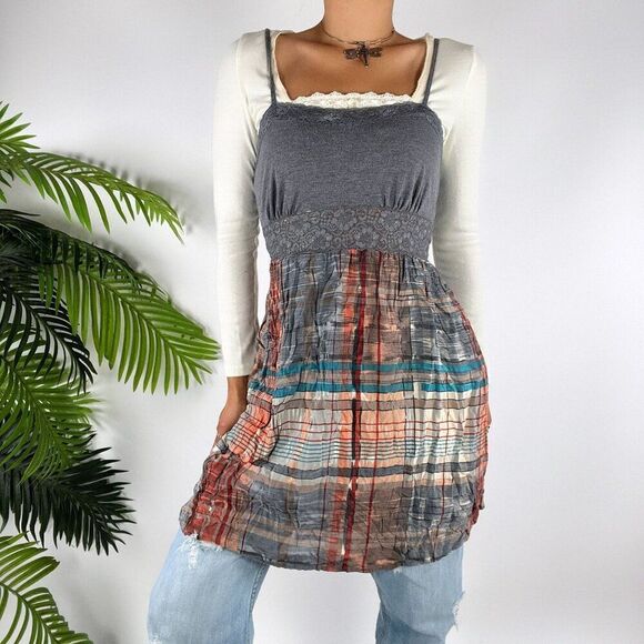 Vintage Y2K Gray Plaid Cottagecore Indie Sleaze Hipster Mini Dress Top / S - Picture 1 of 9